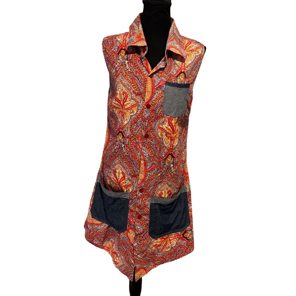 LOKA Paisley Denim patchwork Sleeveless Button Down Dress Sz M boho hippie artsy